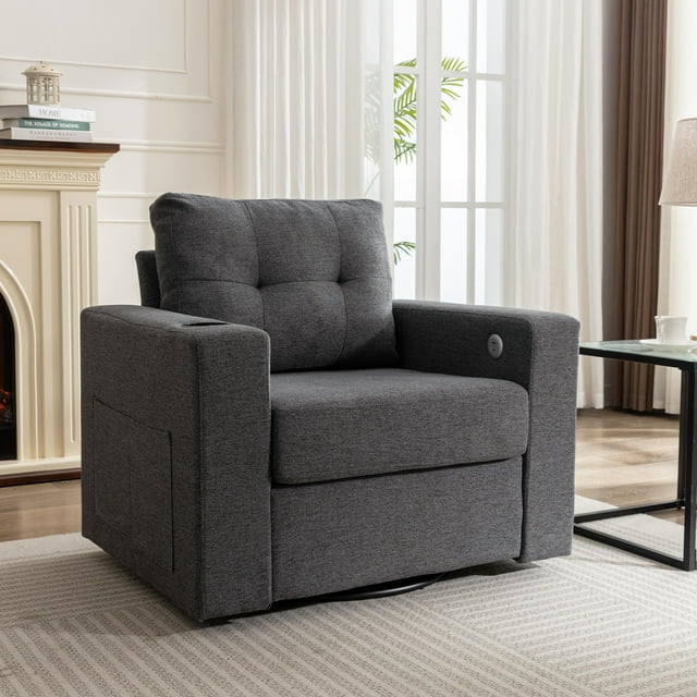 Muumblus Oversized Swivel Accent Chair for Living Room Bedroom, Leisure Single Sofa Armchair with USB Charging Port and Cup Holder, Beige Fabric
