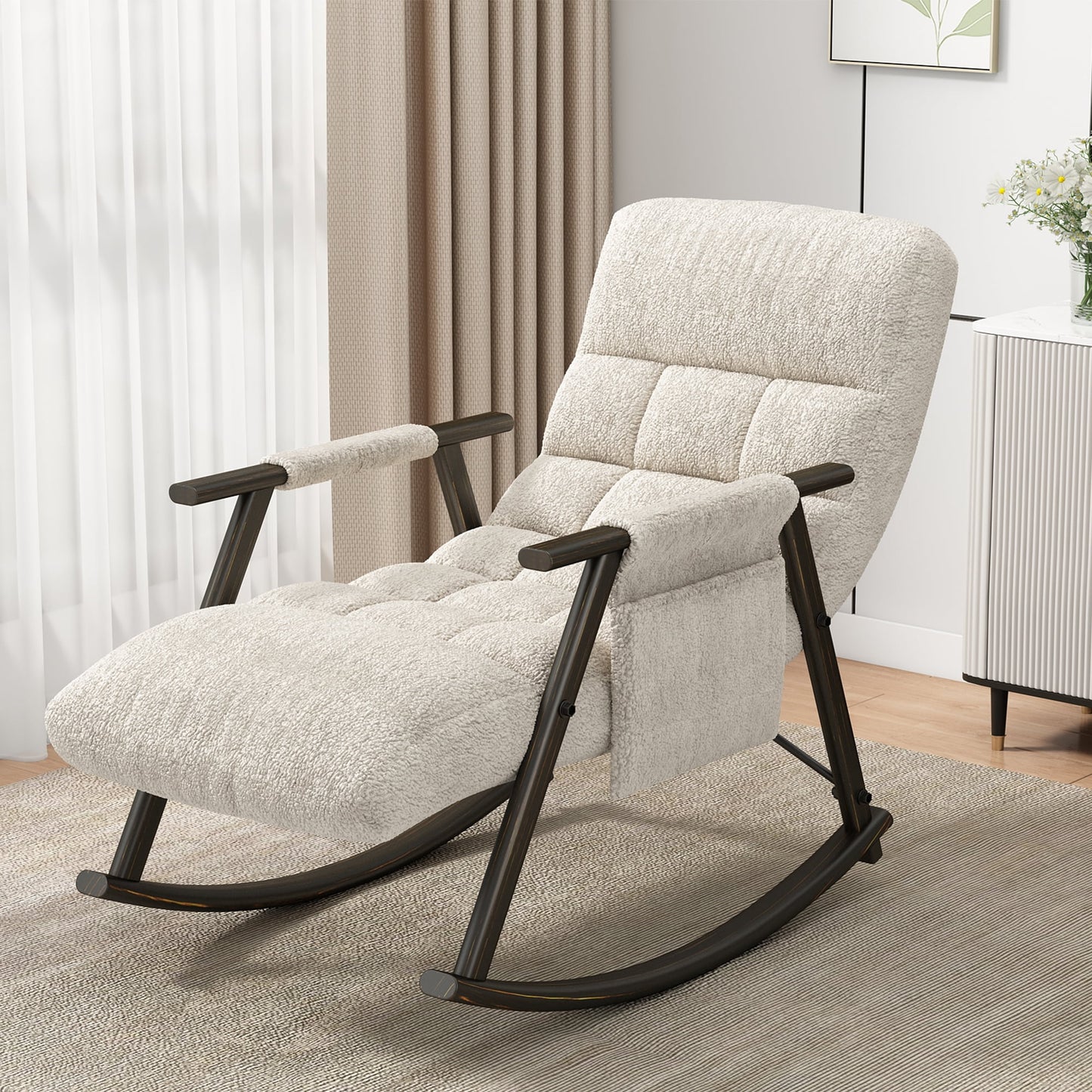 Muumblus Rocking Chaise Lounge Indoor, Upholstered Glider Rocking Chair, Adjustable Back and Footrest, Rocker Recliner for Living Room Bedroom, White Teddy
