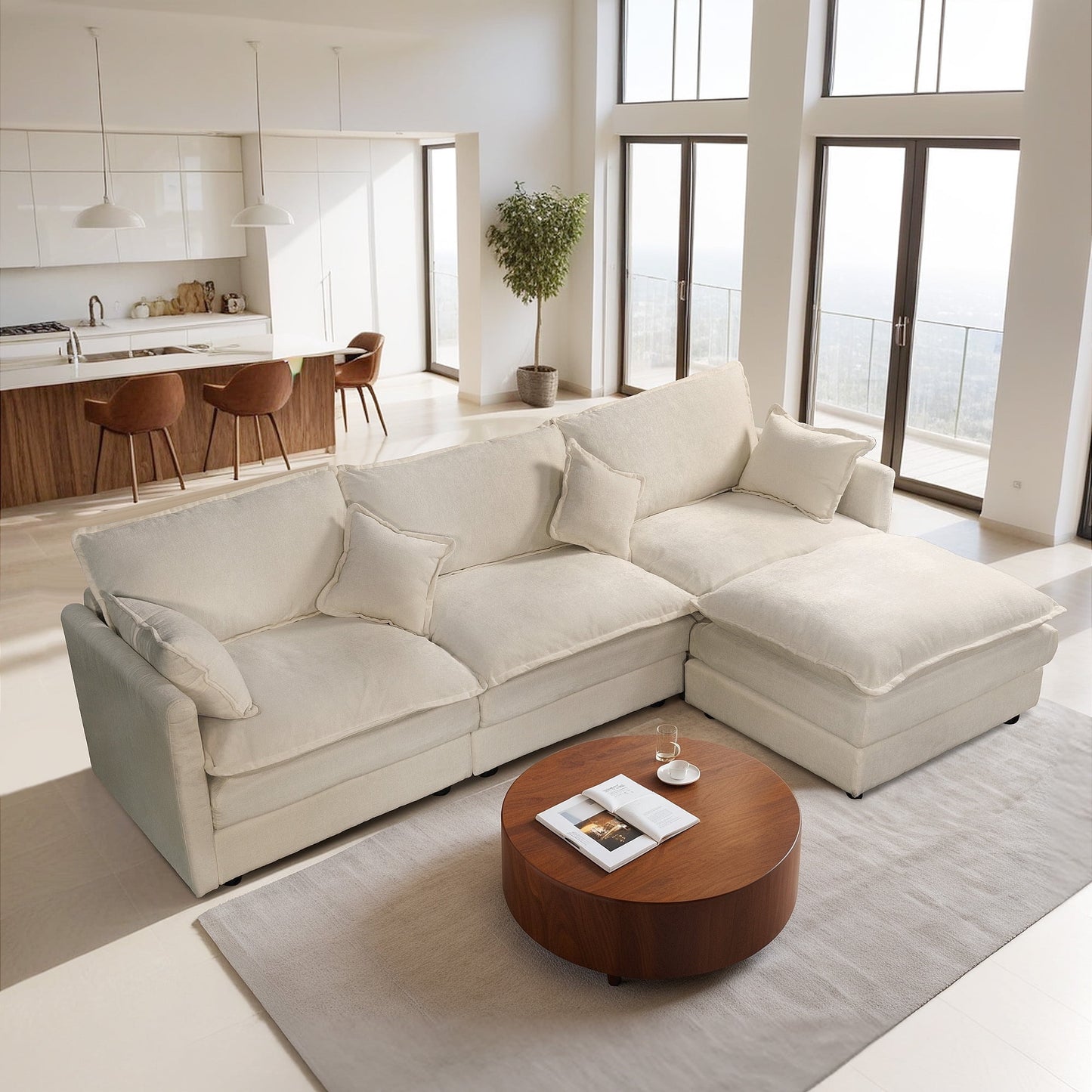 Muumblus Sectional Sofa Cloud Couch with Reversible Ottoman, L-Shaped Chenille Sofa for Living Rooms, Beige