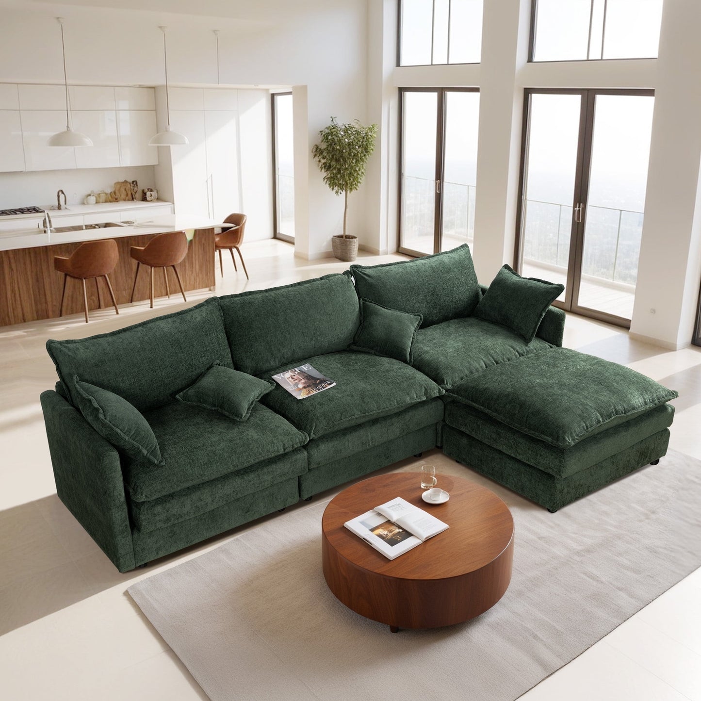 Muumblus Sectional Sofa Cloud Couch with Reversible Ottoman, L-Shaped Chenille Sofa for Living Rooms, Beige