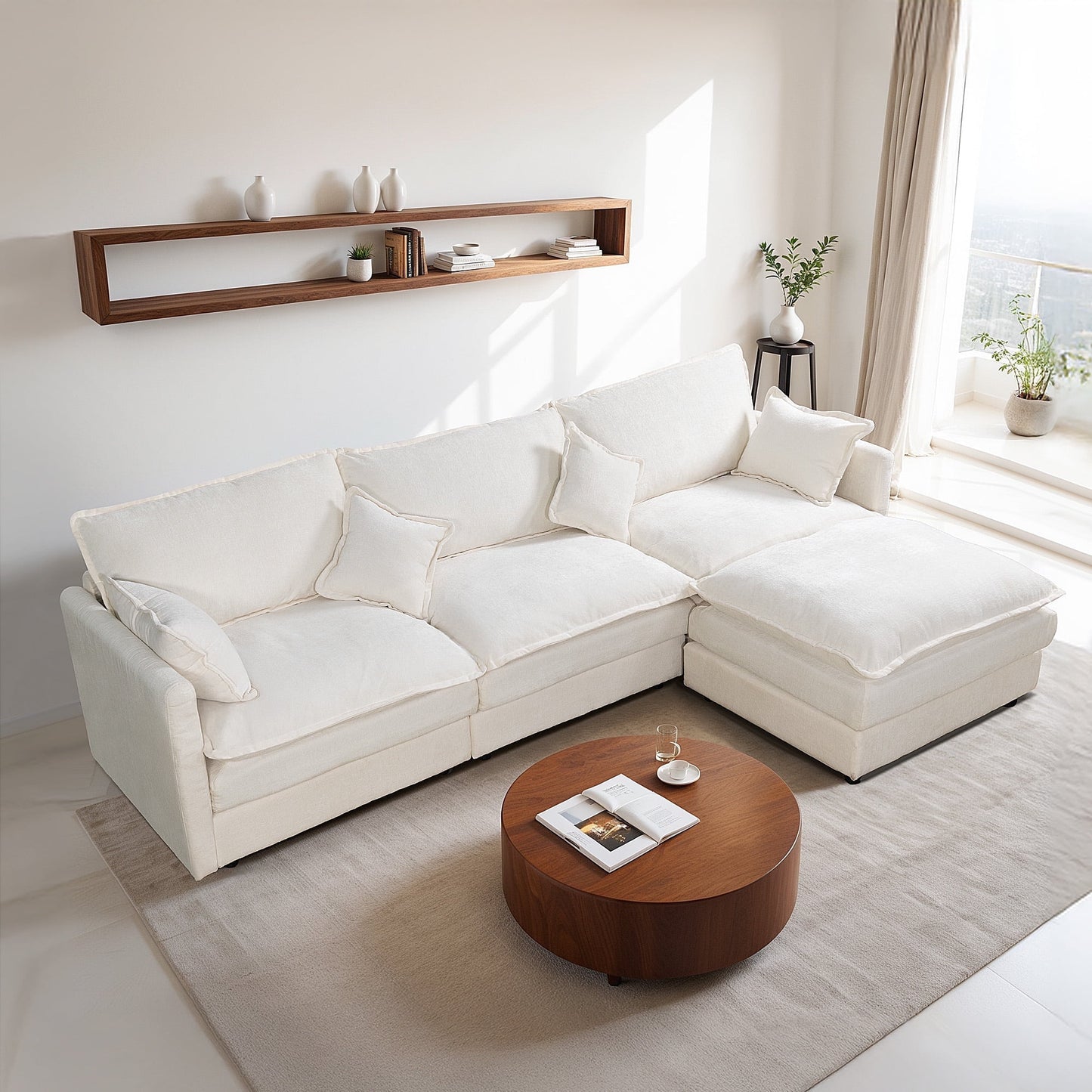 Muumblus Sectional Sofa Cloud Couch with Reversible Ottoman, L-Shaped Chenille Sofa for Living Rooms, Beige