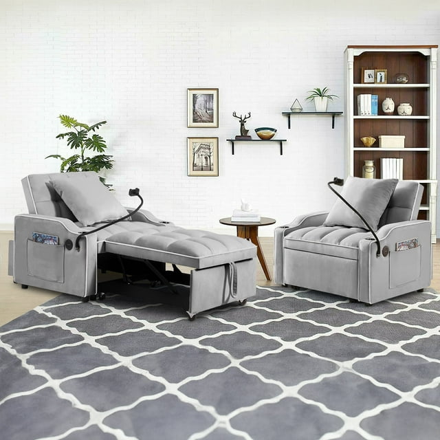 Muumblus Sleeper Sofa Chair Bed with Swivel Phone Stand, Cup Holders, 3-in-1 Convertible Pull Out Sofa Bed for Living Room, Black Velvet