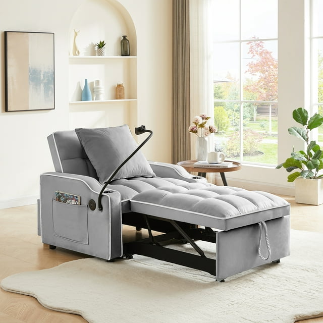Muumblus Sleeper Sofa Chair Bed with Swivel Phone Stand, Cup Holders, 3-in-1 Convertible Pull Out Sofa Bed for Living Room, Black Velvet