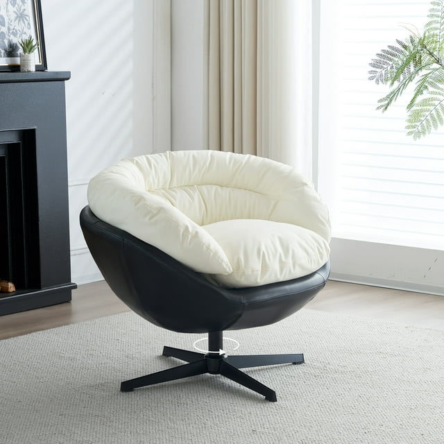 Muumblus Swivel Accent Chair, Leather Barrel Chair for Bedroom, Mid Century Modern Living Room Swivel Chair, Comfy Reading Armchair, ( White and Camel)