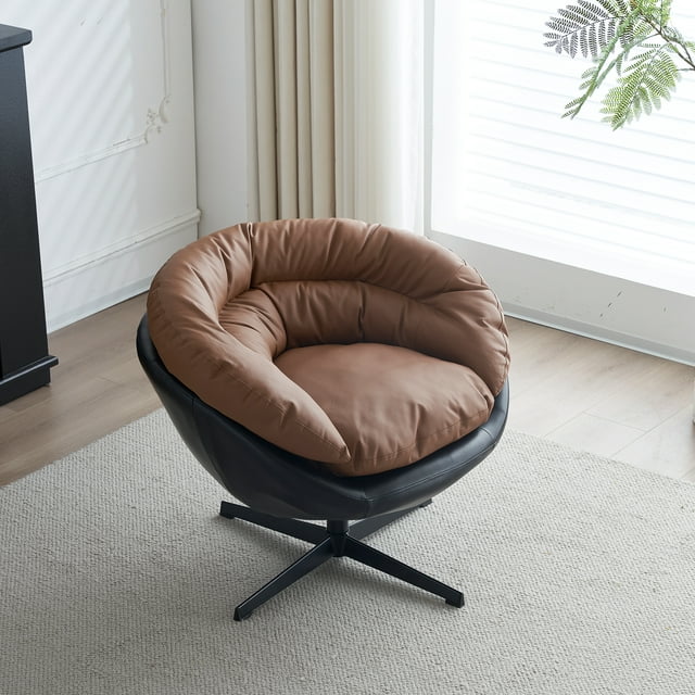 Muumblus Swivel Accent Chair, Leather Barrel Chair for Bedroom, Mid Century Modern Living Room Swivel Chair, Comfy Reading Armchair, ( White and Camel)