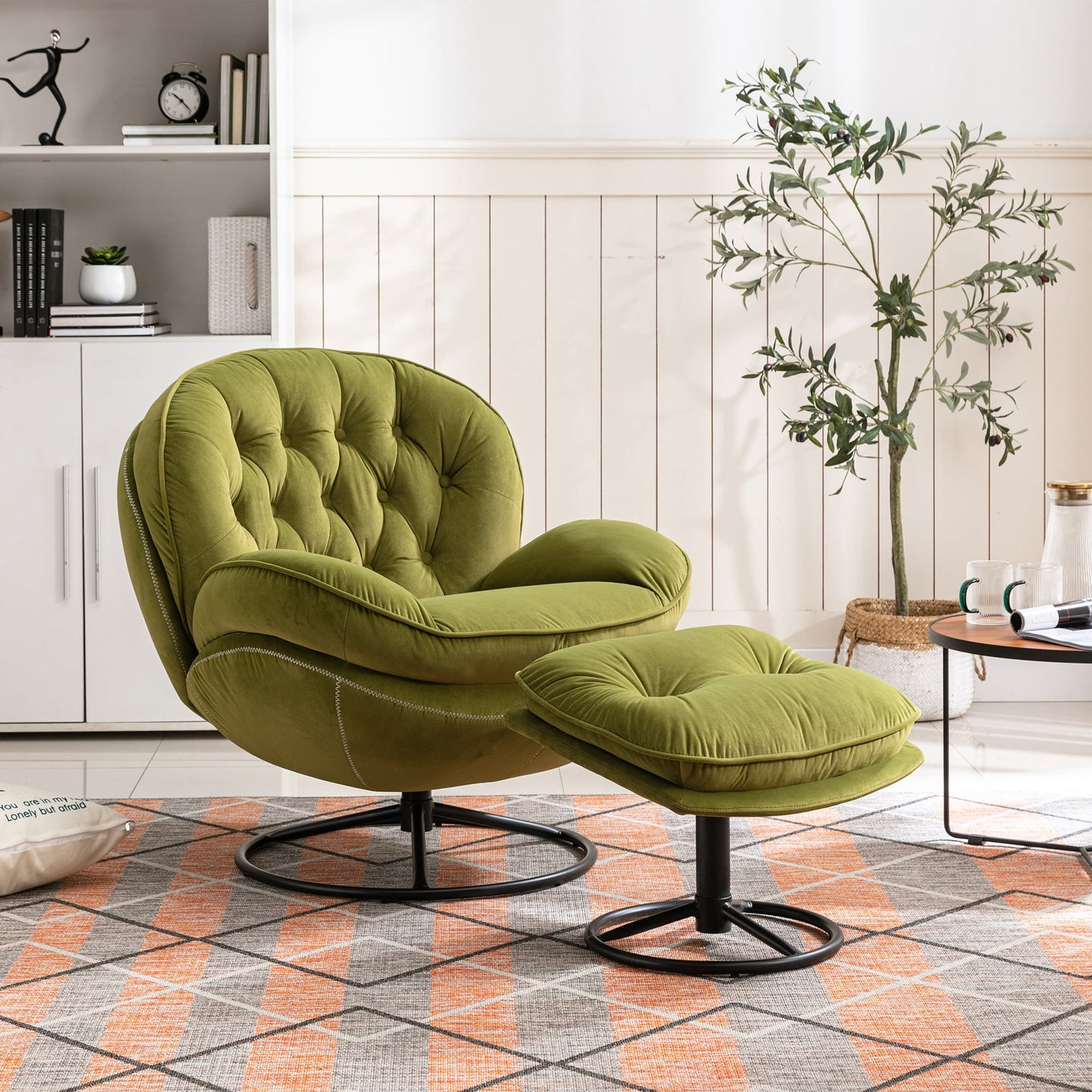 Muumblus Swivel Accent Chair with Ottoman, Modern Velvet Lounge Chair with Footrest, Comfy Armchair with 360 Degree Swiveling for Living Room, Blue