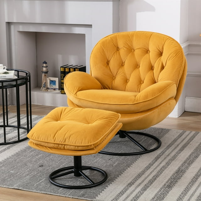 Muumblus Swivel Accent Chair with Ottoman, Modern Velvet Lounge Chair with Footrest, Comfy Armchair with 360 Degree Swiveling for Living Room, Blue