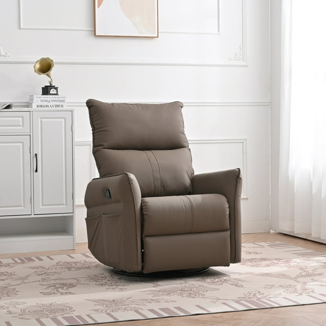 Muumblus Swivel Glider Recliner, Modern Upholstered Glider Rocker with Side Pockets, Tall Back Swivel Rocking Chair, Home Theater Seating for Living Room, Bedroom, Brown Faux Leather