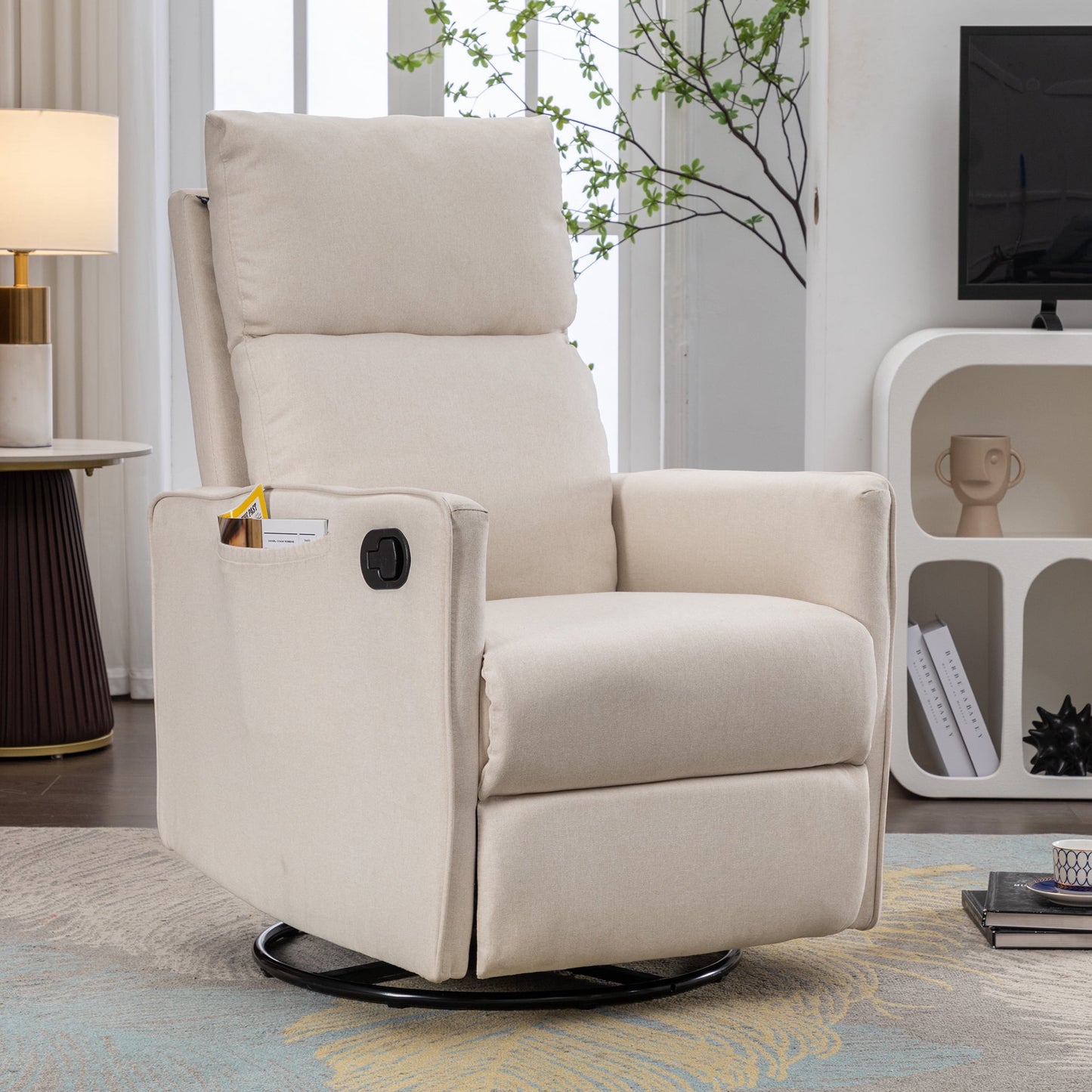 Muumblus Swivel Glider Rocker Recliner Chair for Nuresery, Tall Back Upholstered Home Theater for Living Room, Gray Linen