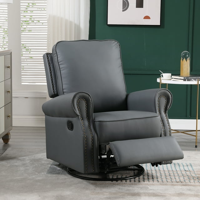 Muumblus Swivel Glider Rocker Recliner, Faux Leather Upholstered Glider Rocking Chair in Beige