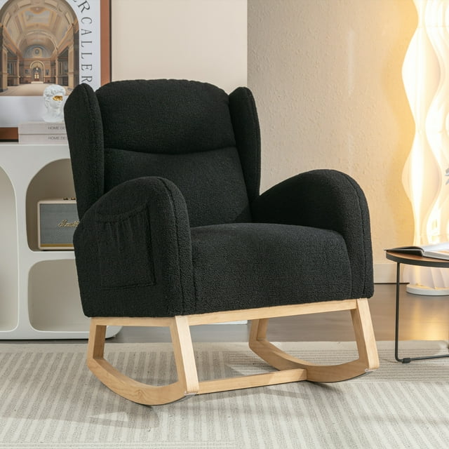 Muumblus Wingback Glider Rocking Chair for Baby Nursery, Ivory Teddy