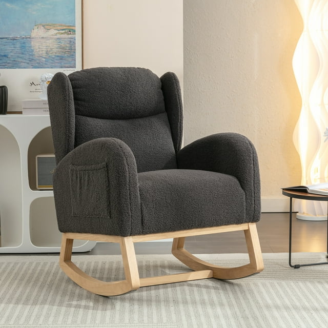 Muumblus Wingback Glider Rocking Chair for Baby Nursery, Ivory Teddy