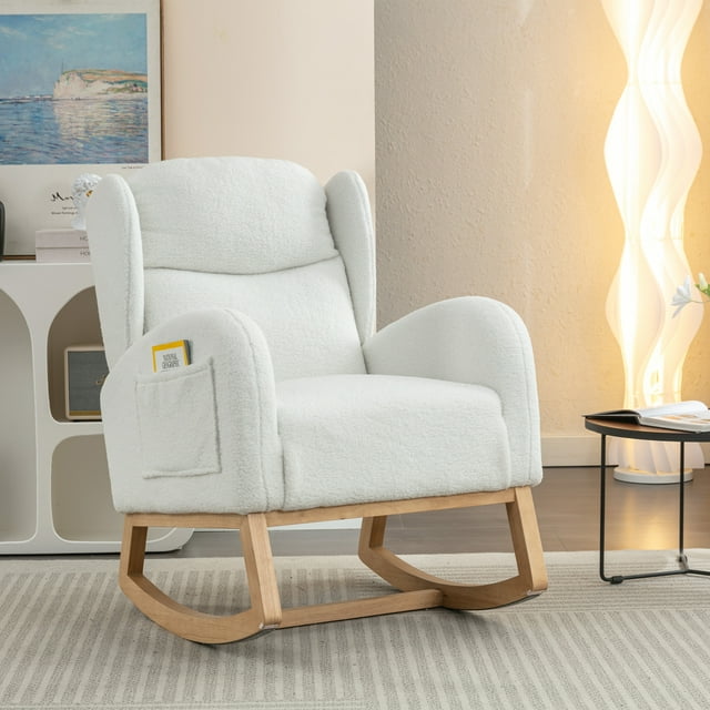 Muumblus Wingback Glider Rocking Chair for Baby Nursery, Ivory Teddy