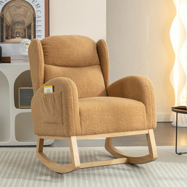 Muumblus Wingback Glider Rocking Chair for Baby Nursery, Ivory Teddy