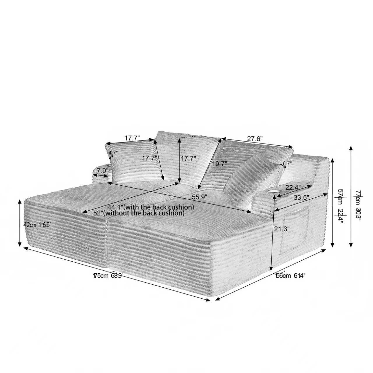 Muumblus Indoor Double Chaise Lounge Chair with Cup Holders, 69"W Oversized Deep Seat Cloud Sectional Sofa, Boneless Sleeper Sofa Bed, Black Corduroy