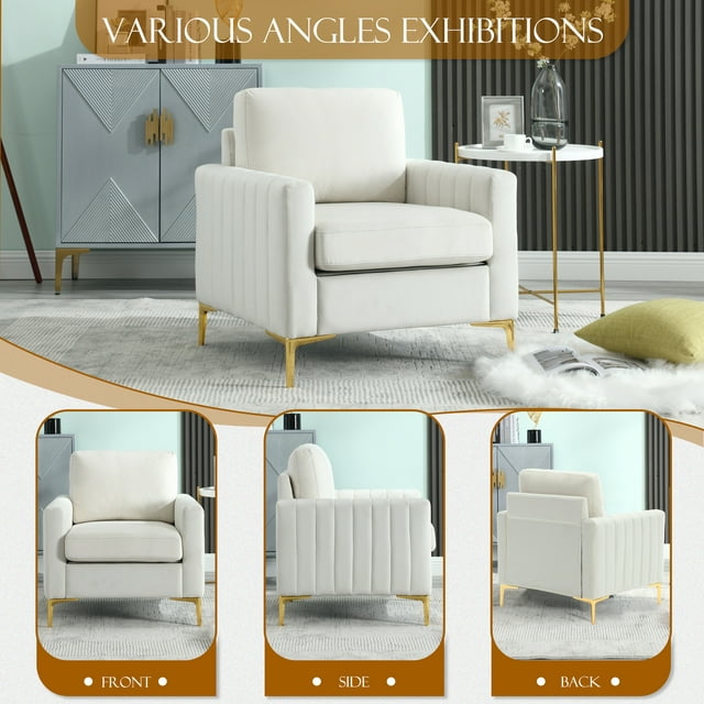 Muumblus Modern Accent Chair, Upholstered Single Sofa Chair Club Arm Chair for Living Room, Comfy Armchair with Metal Legs, Tufted Chair for Reading, Beige Velvet