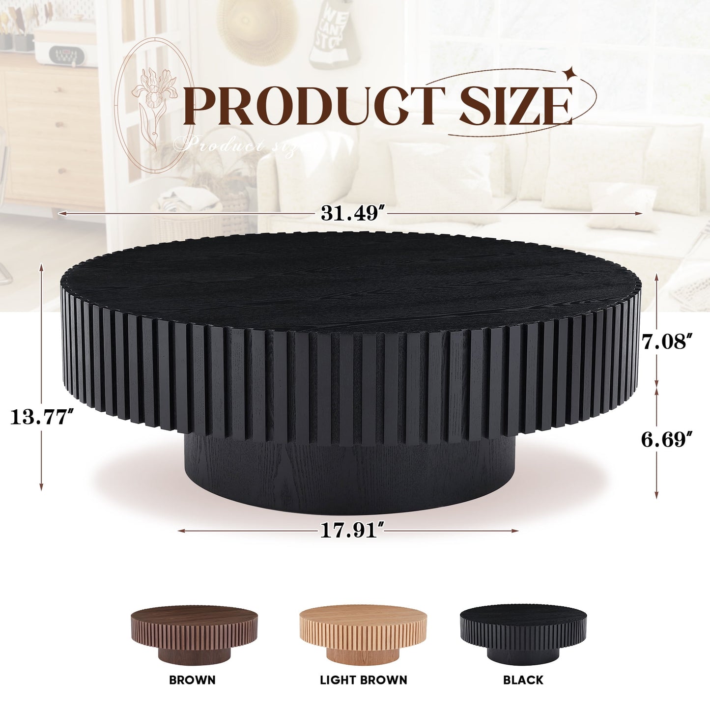 Muumblus Round Wood Coffee Table, Modern Unique Fluted Accent Center Table for Living Room, Black