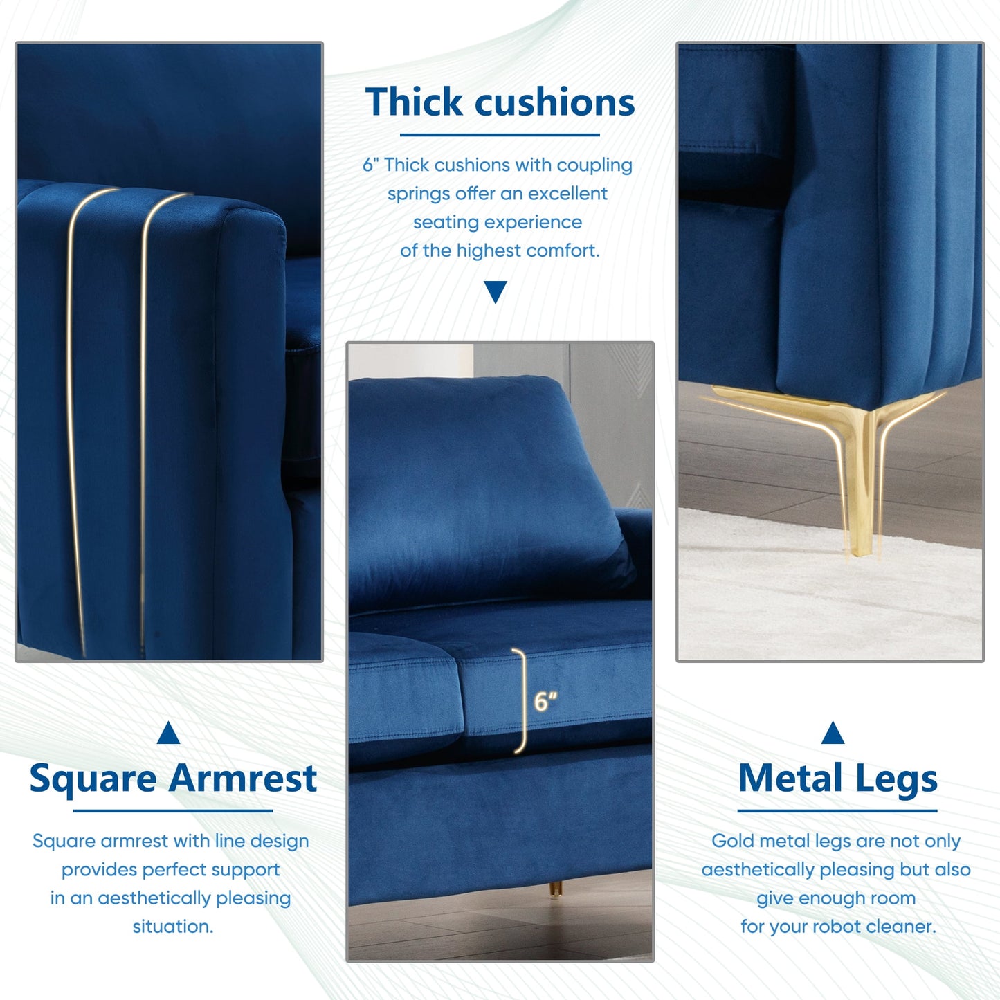 Muumblus 85 inch Sofa Couch, 3 Seater Loveseat Sofa, Mid Century Modern Tufted Velvet Couch for Living Room, Living Room Furniture Sets, Navy Blue