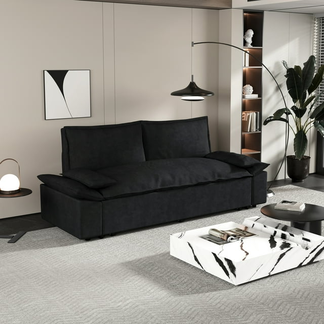 Muumblus 70" Queen Pull Out Sofa Bed, Modern 3-in-1 Convertible Loveseat Sleeper with 2 Pillows, Velvet Sleeper Sofa for Living Room, Bedroom, Small Apartment, Black