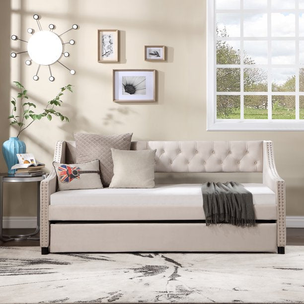 Muumblus Full Size Adult Daybed with Drawers, Modern Upholstered Tufted Sofa Bed for Bedroom & Living Room, Button Back and Waved Shape Arms, Gray