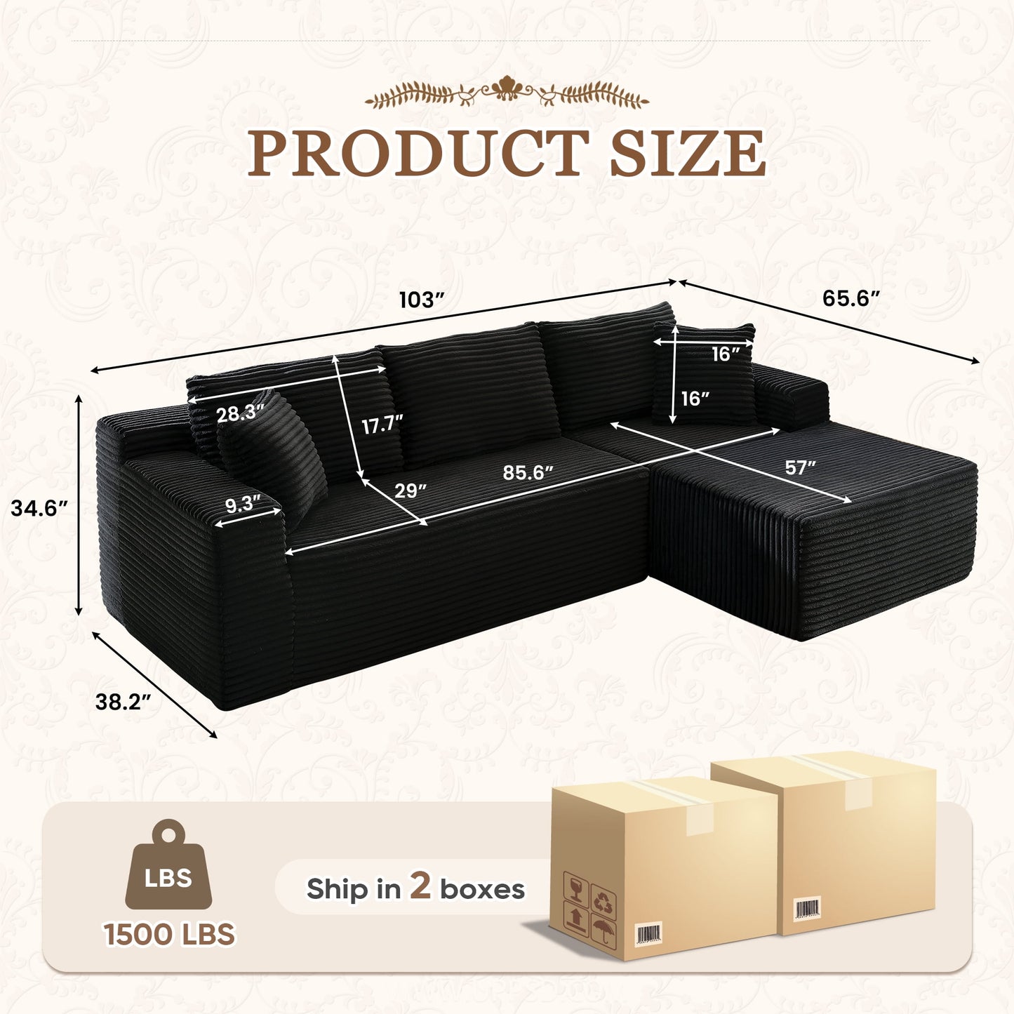 Muumblus Modular Sectional Sofa, Oversized L-Shape Cloud Couch, Modern Corduroy Sleeper Couches for Living Room, No Assembly Required