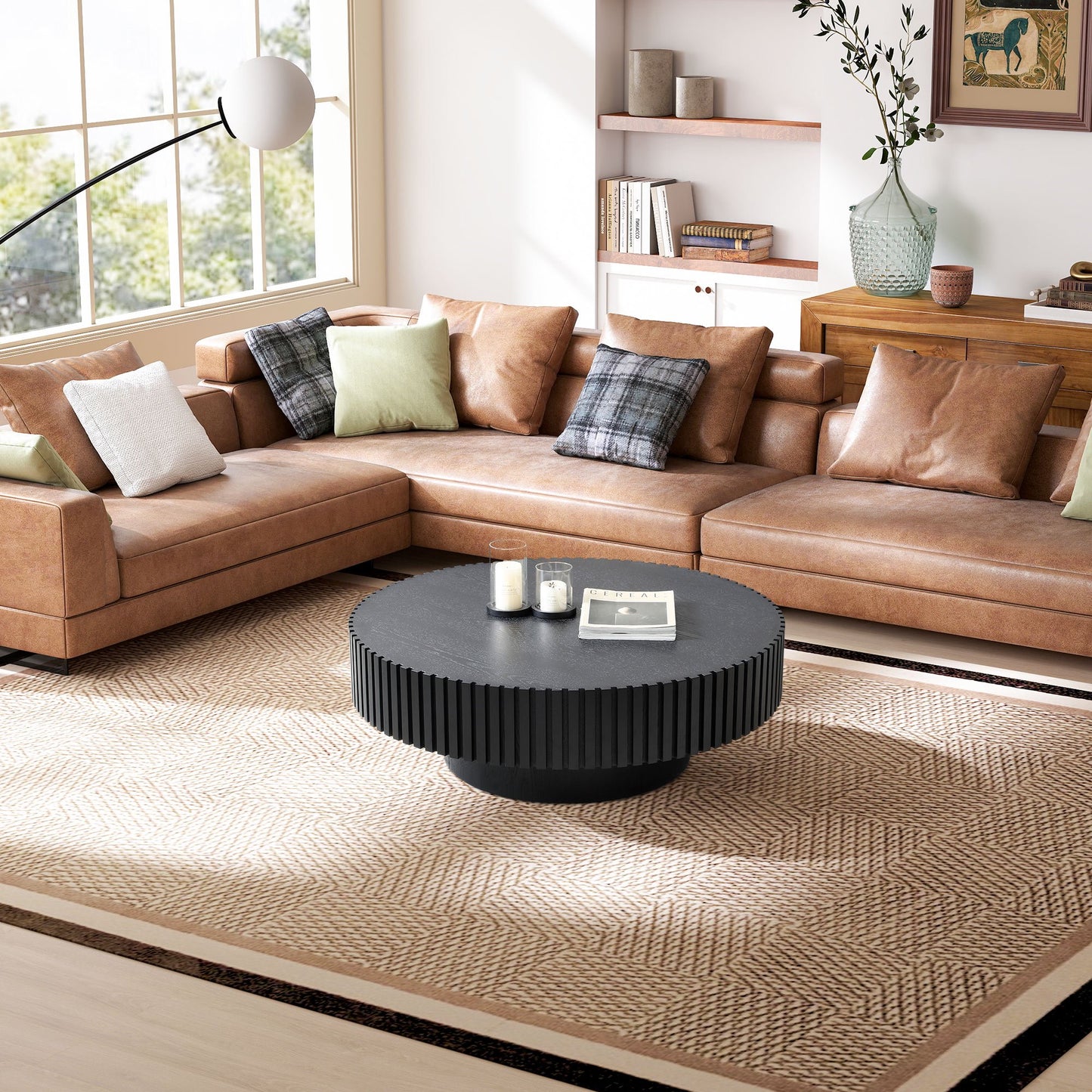 Muumblus Round Wood Coffee Table, Modern Unique Fluted Accent Center Table for Living Room, Black