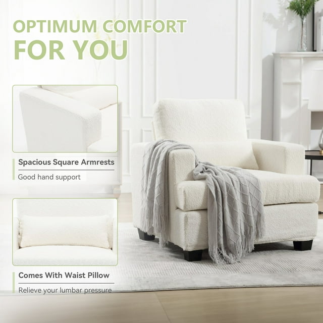 Muumblus Modern Single Sofa Chair, 37" Small Couch with 1 Waist Pillow, Removable Back Cushion, Living Room Set, White Fabric