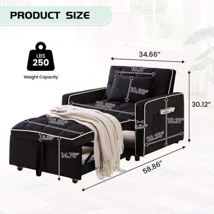 Muumblus 3-in-1 Convertible Chair Bed, Sleeper Chair Lounge Chair Indoor, Modern Single Pull Out Couch for Living Room, Black Velvet
