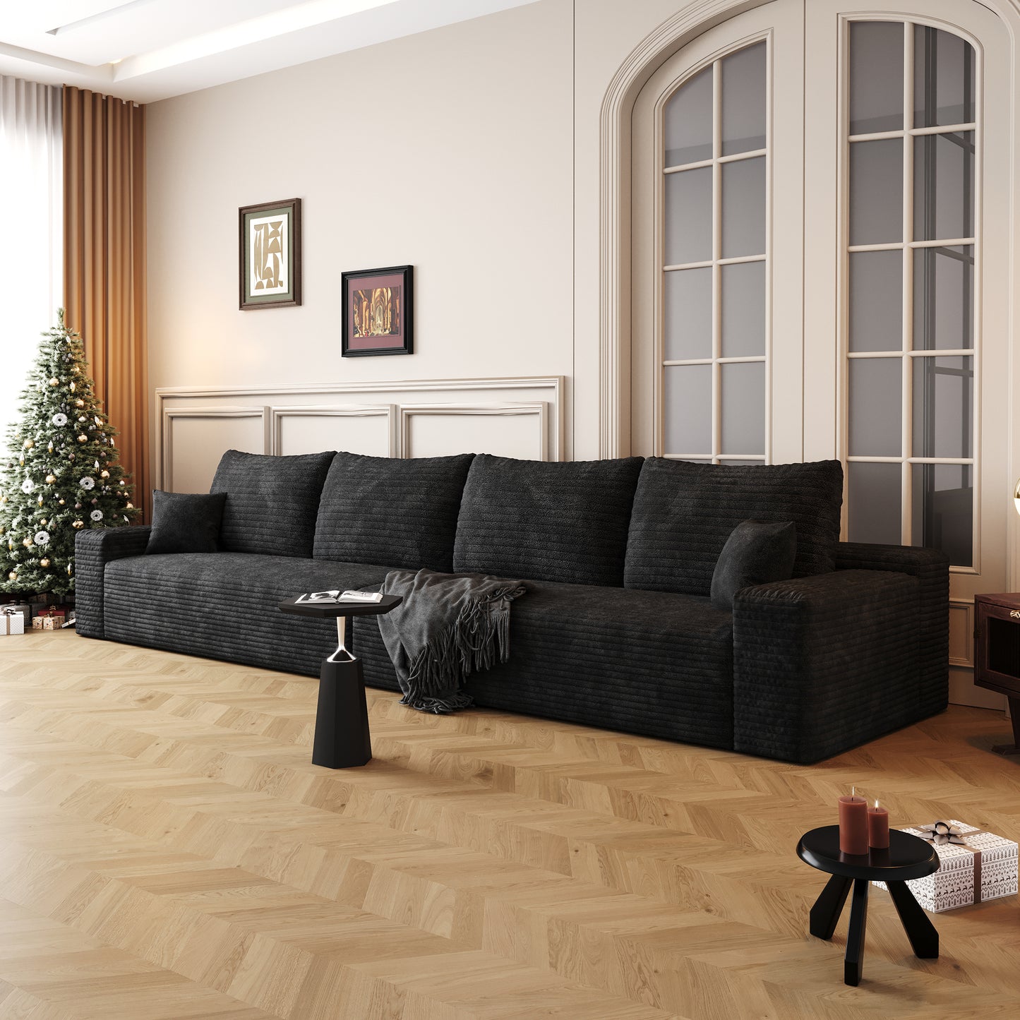 Muumblus 140" Cloud Sectional Sofa, Cozy 4-Seater Modular Sofa, Plush Corduroy Sleeper Bed Couch, No Assembly Required, Black