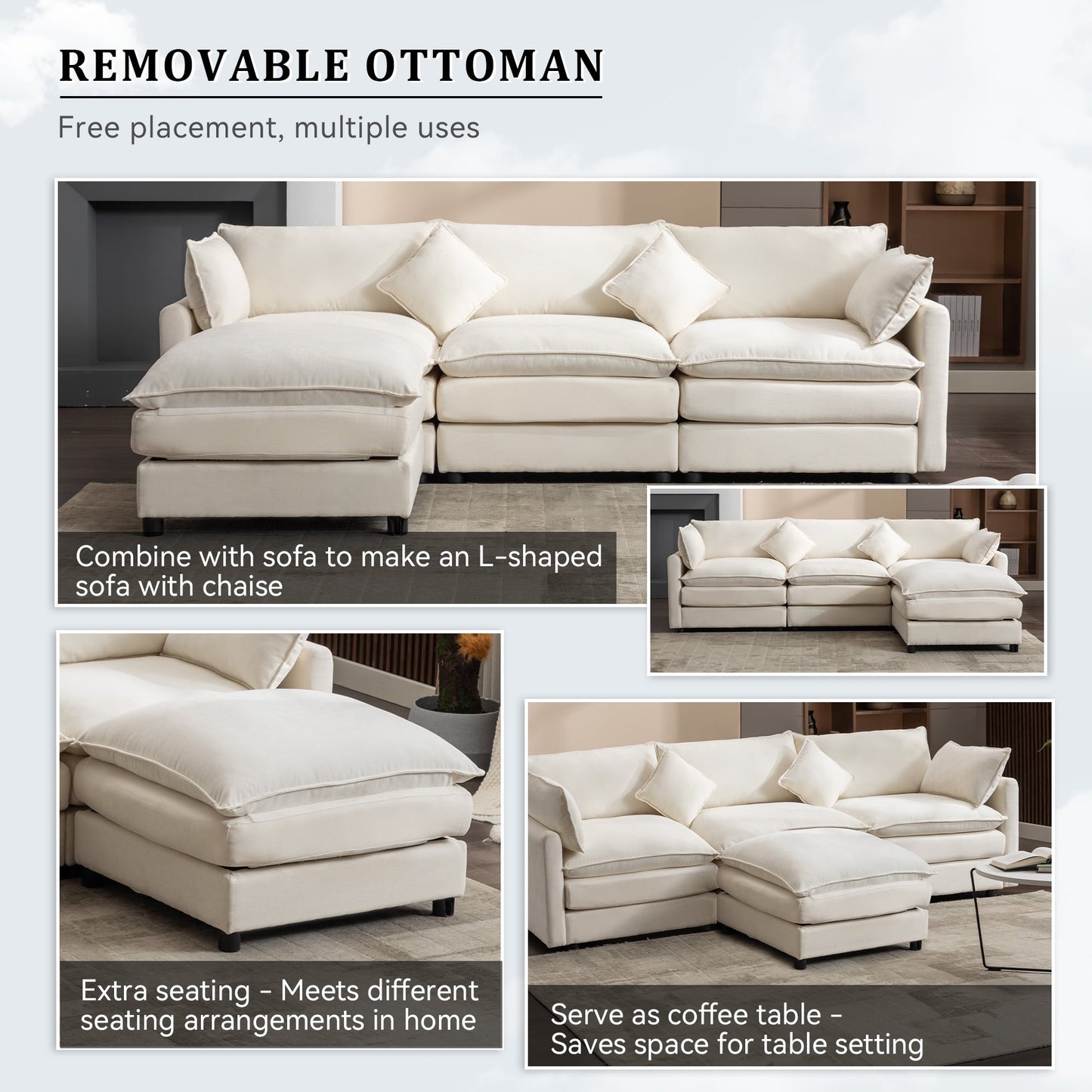 Muumblus Sectional Sofa Cloud Couch with Reversible Ottoman, L-Shaped Chenille Sofa for Living Rooms, Beige