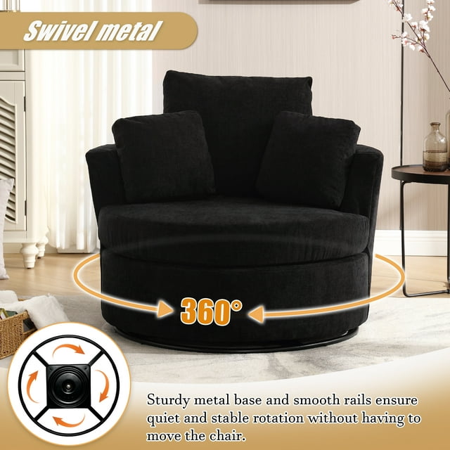Muumblus Chenille Swivel Barrel Chair Accent Chair with Storage Ottoman, Oversized Comfy Armchair for Living Room Bedroom, Black