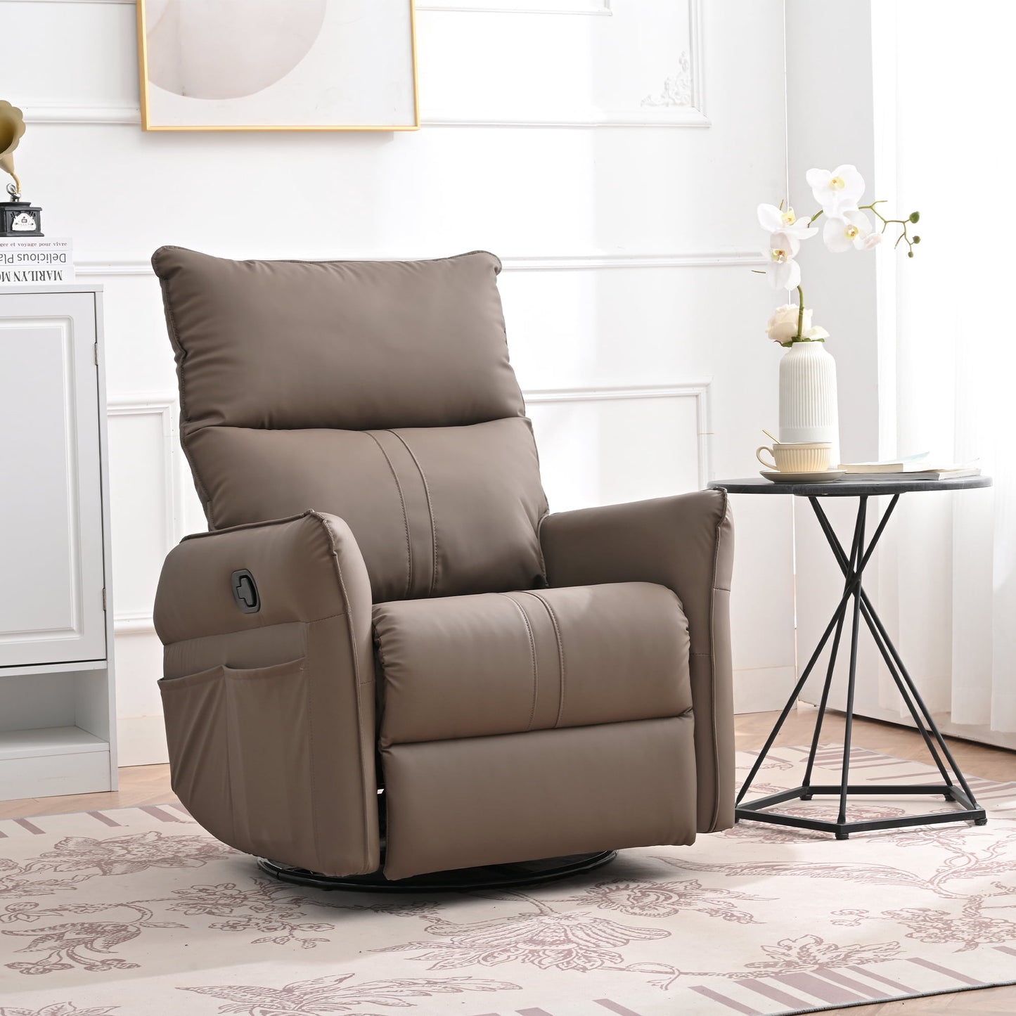 Muumblus Swivel Glider Recliner, Modern Upholstered Glider Rocker with Side Pockets, Tall Back Swivel Rocking Chair, Home Theater Seating for Living Room, Bedroom, Brown Faux Leather