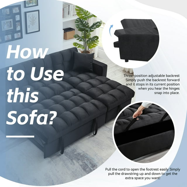 Muumblus 84" Convertible Sofa Bed, Pull Out Sofa Bed, Modern Tufted Sectional Sleeper Sofa with Storage Chaise, L Shaped Sofa Couch for Living Room, Black Velvet