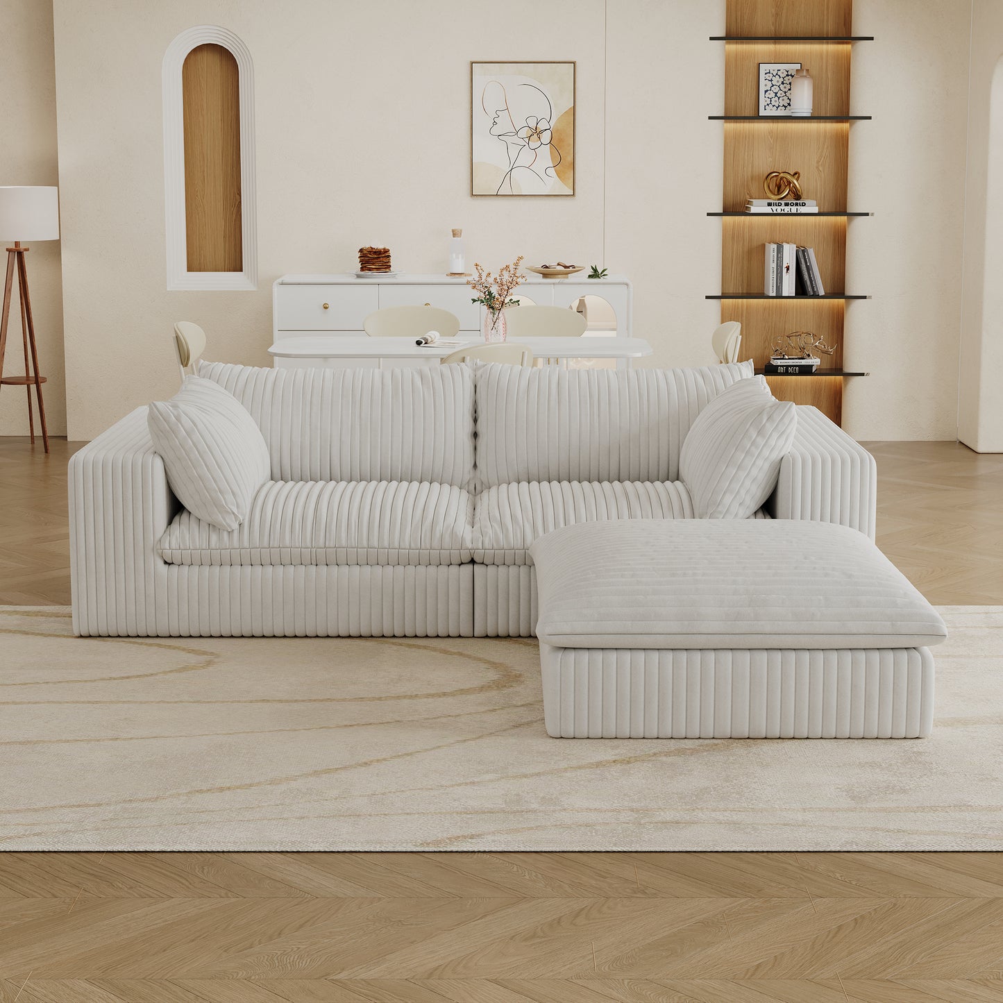 Muumblus Modular Sectional Sofa with Movable Ottoman, L-Shaped Deep Seat Corduroy Cloud Couch, No Assembly Boneless Couches for Living Room, White