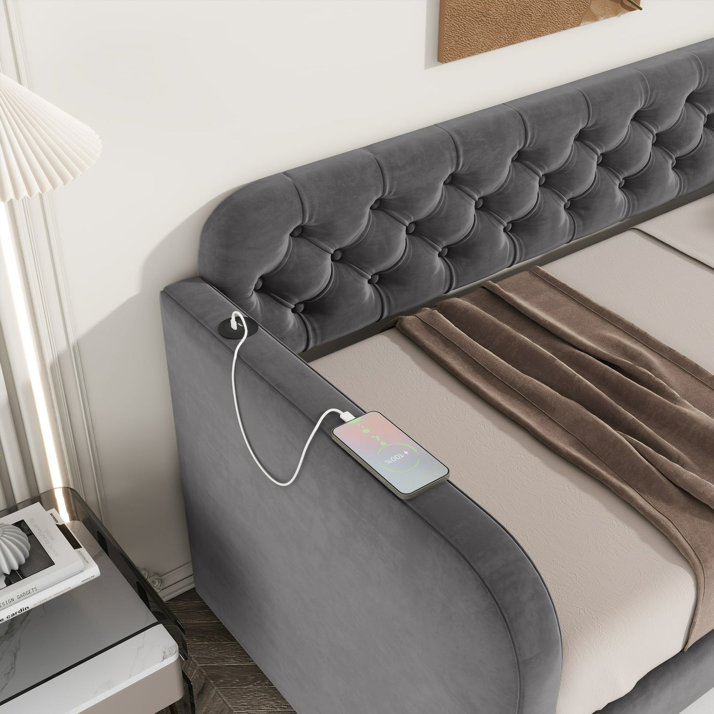 Muumblus Twin Size Daybed with Trundle Bed with USB Ports, Modern Velvet Tufted Bed Frame for Bedroom, Not Box Spring Required, Dark Gray