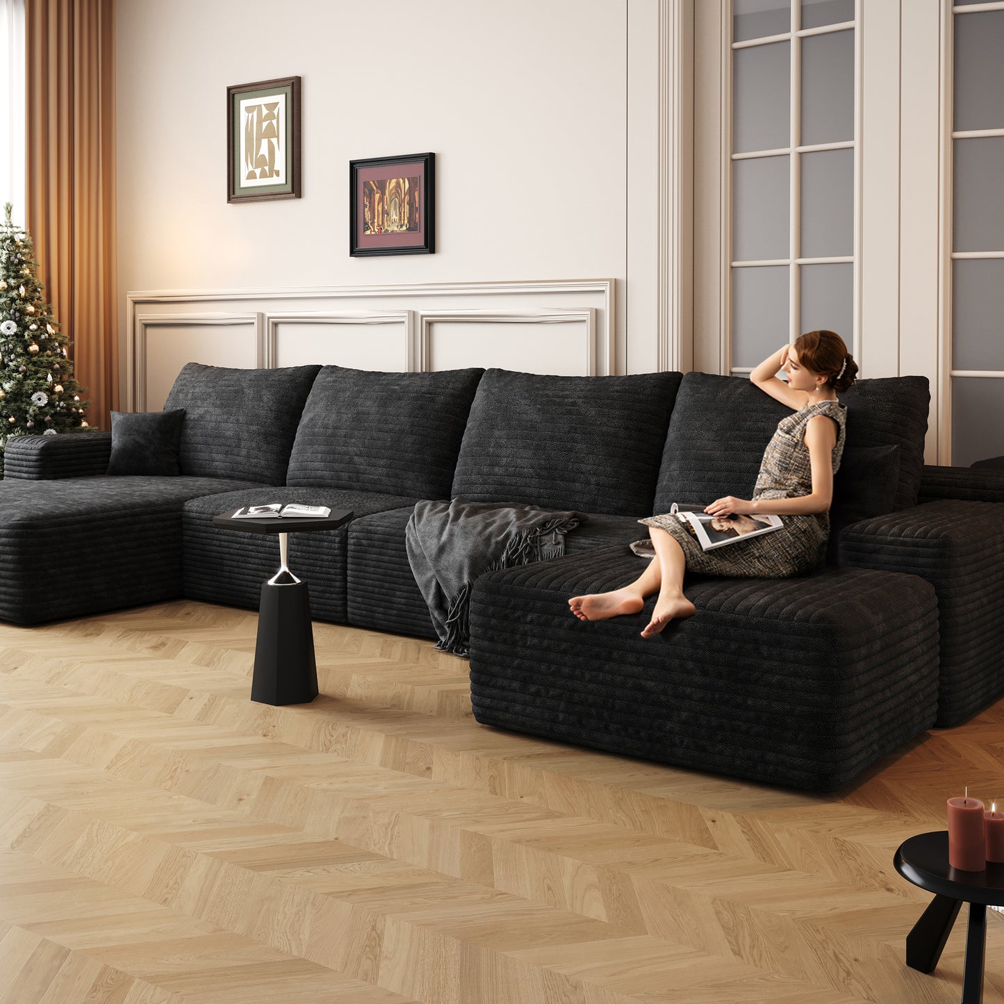 Muumblus 135" Cloud Sectional Sofa with Left Chaise, Cozy U-Shaped Modular Sofa with Ottoman, Plush Corduroy Sleeper Bed Couch, No Assembly Required, Black
