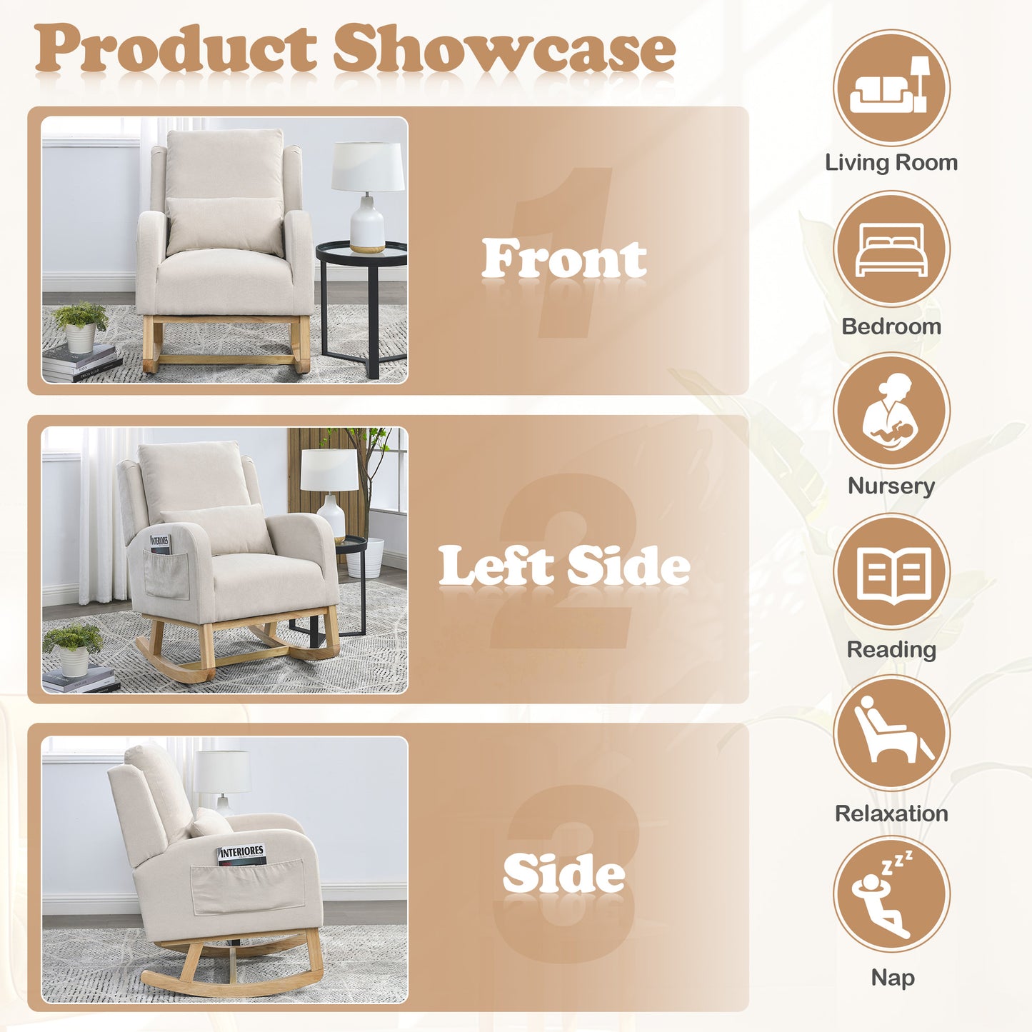 Muumblus Linen Glider Rocking Chair for Baby Nursery, High Back, Indoor, Beige