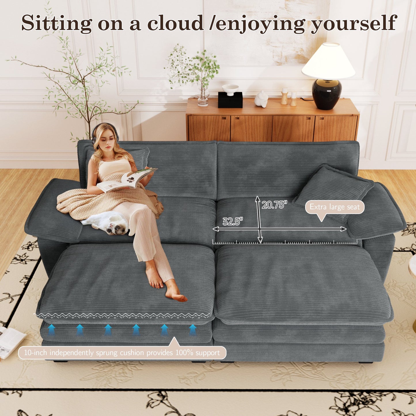 Muumblus Corduroy Comfy Sectional Sofa with 2 Ottoman, Modern Deep Seat Lounge Couch for Living Room