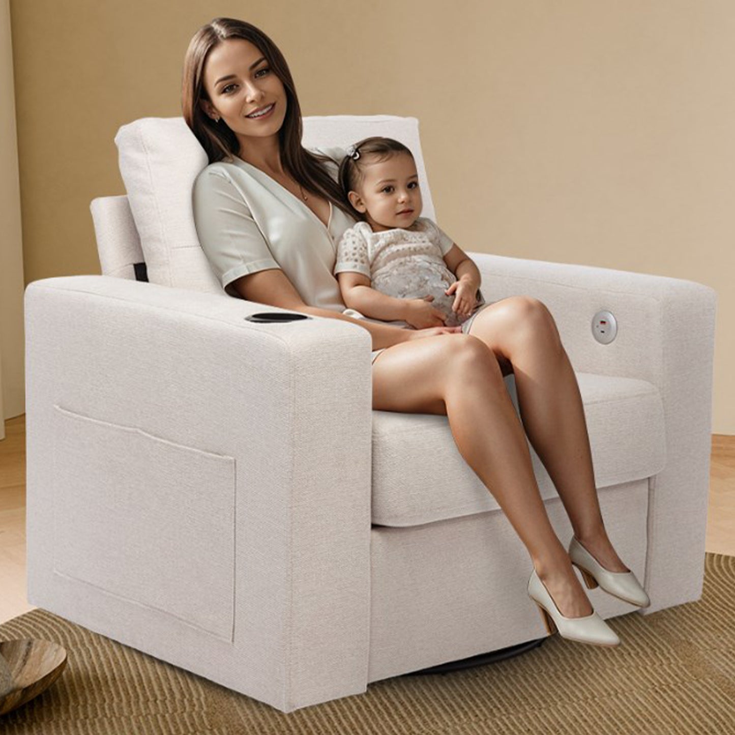 Muumblus Oversized Swivel Accent Chair for Living Room Bedroom, Leisure Single Sofa Armchair with USB Charging Port and Cup Holder, Beige Fabric