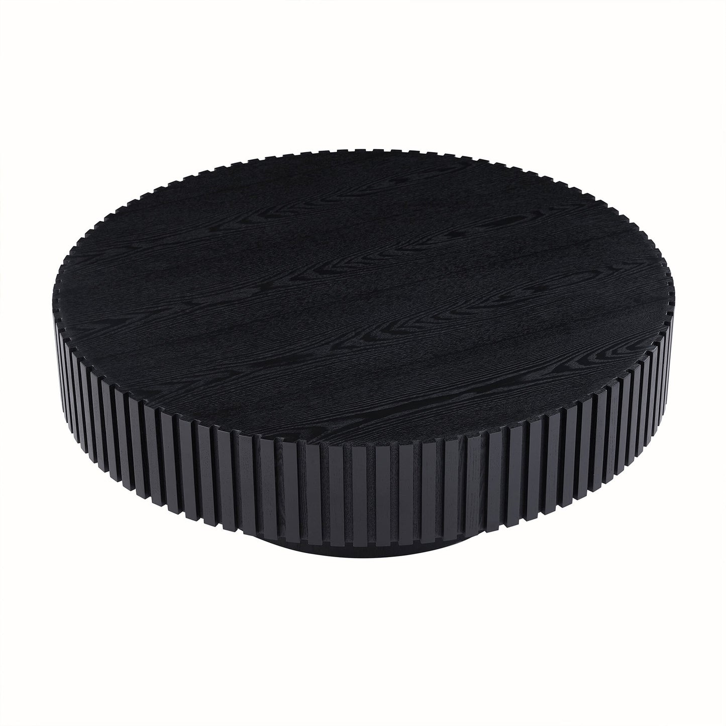 Muumblus Round Wood Coffee Table, Modern Unique Fluted Accent Center Table for Living Room, Black