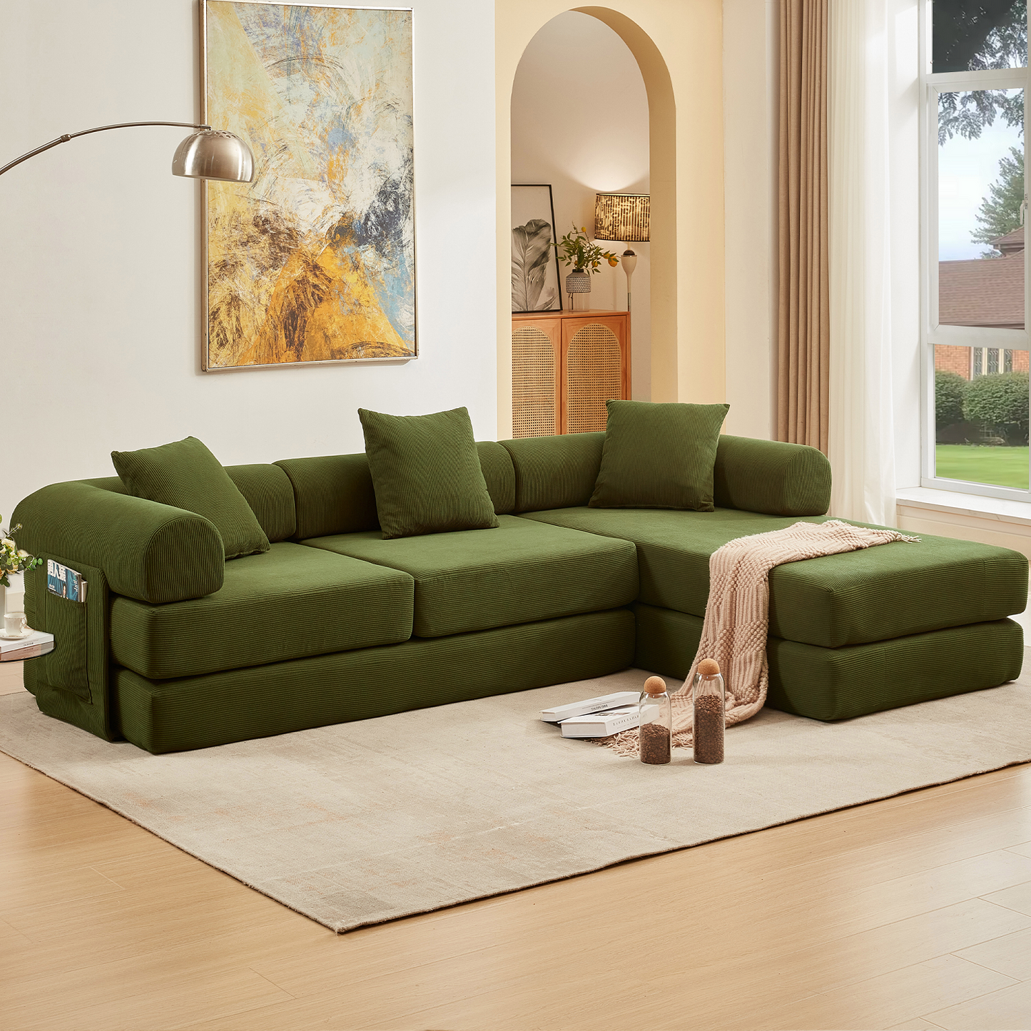 Muumblus L-Shape Convertible Floor Sofa Bed, Comfy Foldable Modular Sleeper Sectional Couch for Living Room, Bedroom