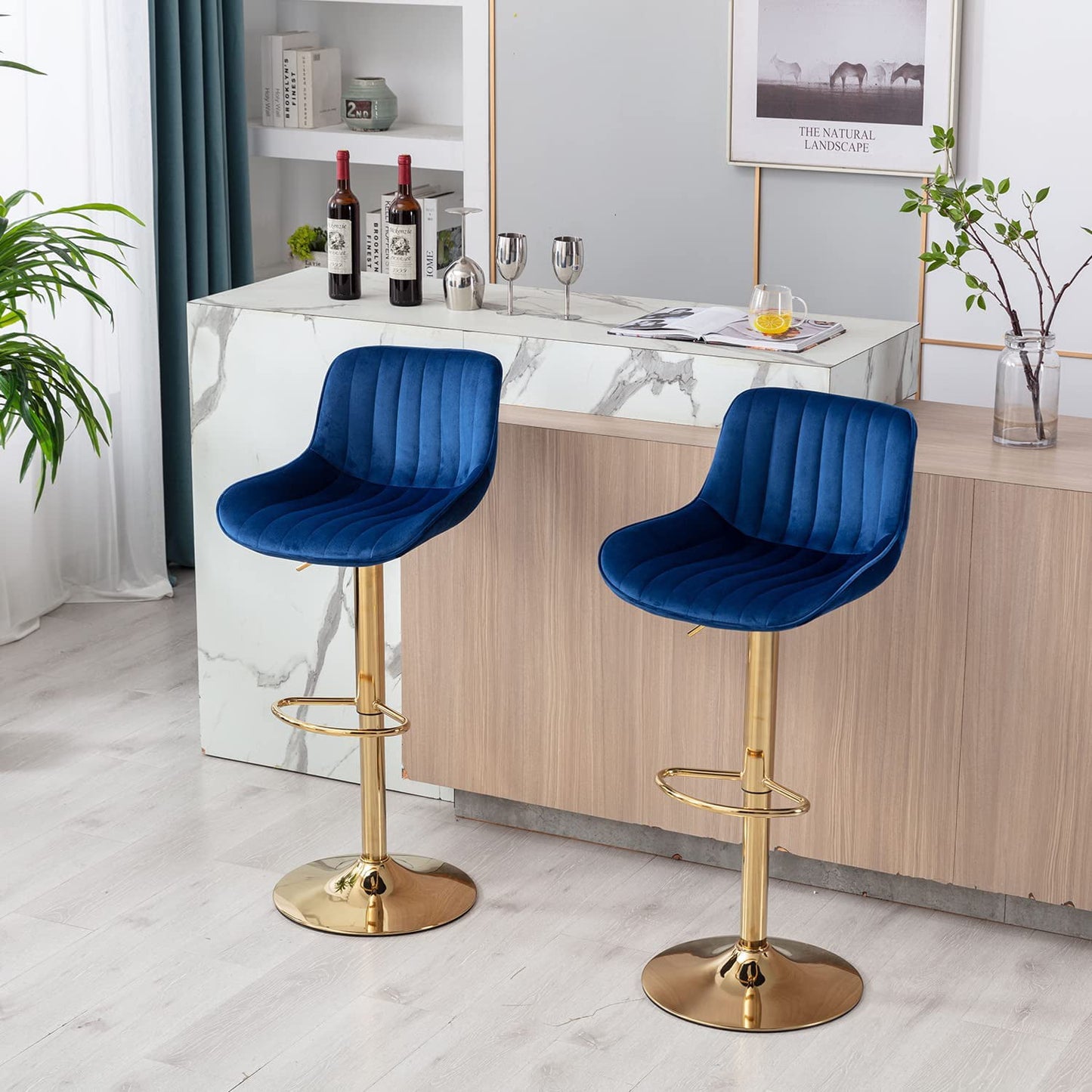 Bar Stools Set of 2, Muumblus Morden Velvet Counter Bar Height Stools with Shell Back, Adjustable 360 Degree Swivel Bar Chairs for Home, Kitchen Island