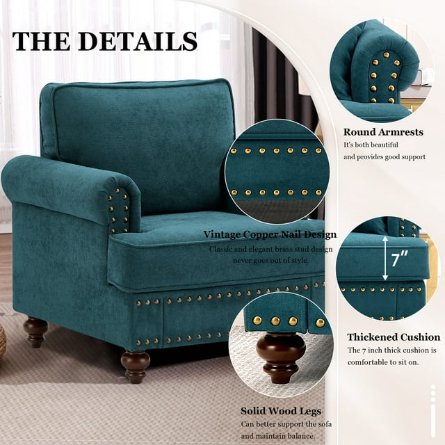 Muumblus 38" W Mid-Century Single Sofa Accent Chair with Nailhead, Chenille Comfy Upholstered Club Armchair for Living Room, Lake Green