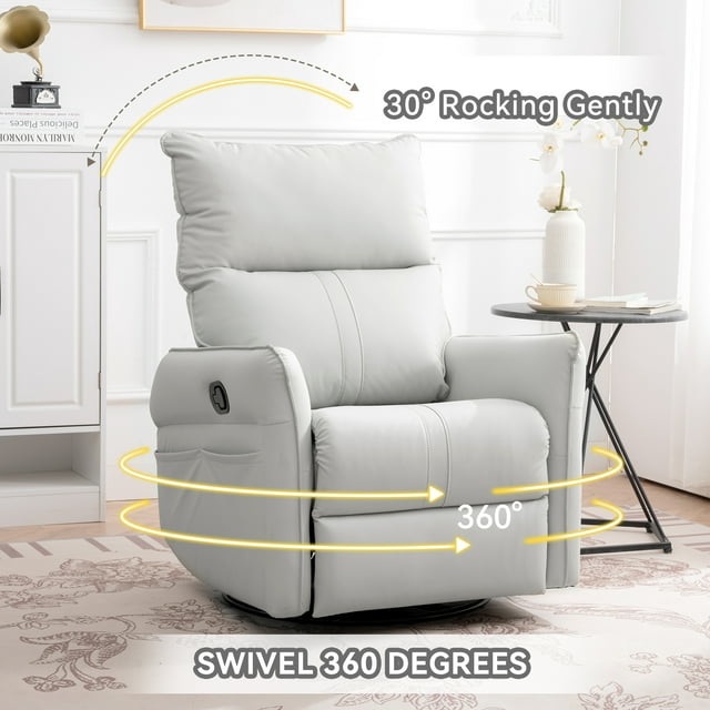 Muumblus Leather Swivel Glider Recliner Chair for Baby Nursery, Modern Upholstered Glider Rocker for Living Room, Bedroom, Light Gray