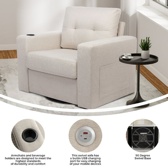Muumblus Oversized Swivel Accent Chair for Living Room Bedroom, Leisure Single Sofa Armchair with USB Charging Port and Cup Holder, Beige Fabric