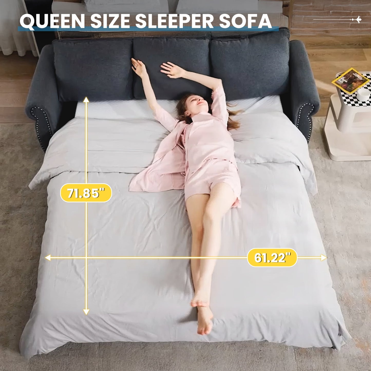 Muumblus Queen Size Pull Out Sofa Bed, 2-in-1 Convertible Sleeper Couches with Memory Foam Mattress, 3 Seat Sleeper Couch Beds for Living Room, Dark Gray