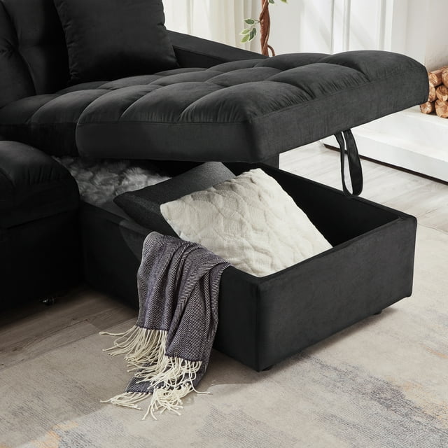 Muumblus 84" Convertible Sofa Bed, Pull Out Sofa Bed, Modern Tufted Sectional Sleeper Sofa with Storage Chaise, L Shaped Sofa Couch for Living Room, Black Velvet