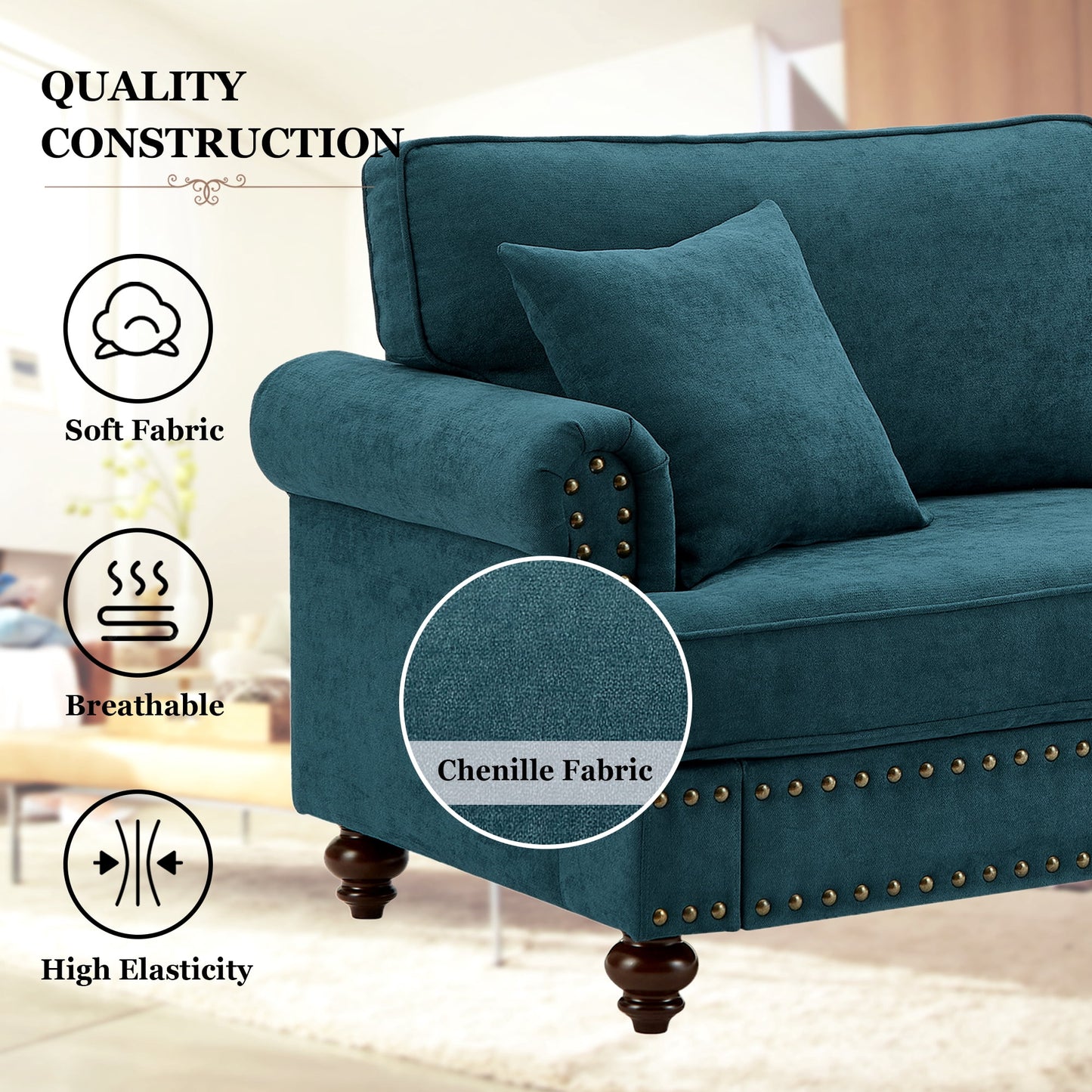 Muumblus 61" W Mid-Century Loveseat Sofa with Nailhead, 2 Seater Sofa for Living Room, Lake Green Chenille Fabric