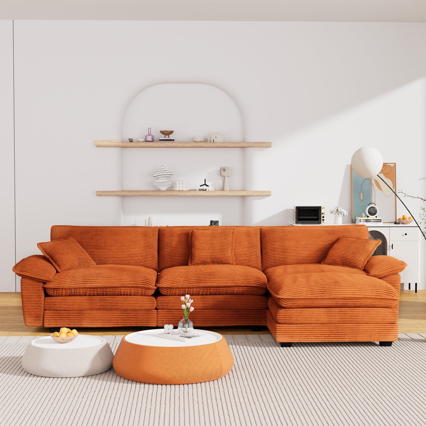 Muumblus Modular Sectional Cloud Couch with Ottoman, Oversized L-Shaped Corduroy Sofa for Living Room