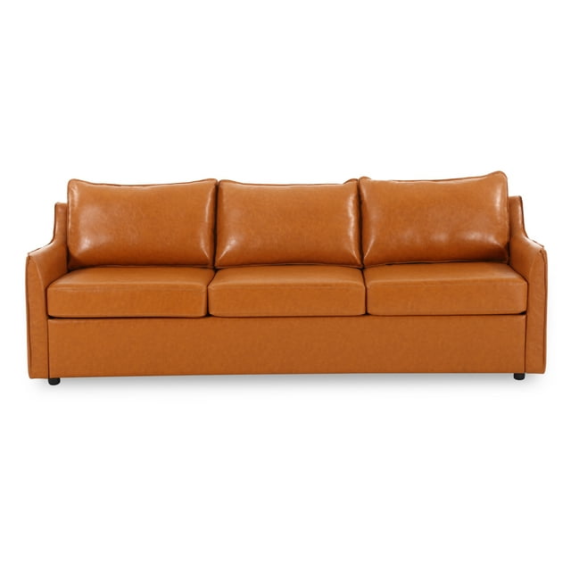 Muumblus 82.7"W Modern Mid-Century Faux Leather 3-Seater Sofa Couch for Living Room, Brown